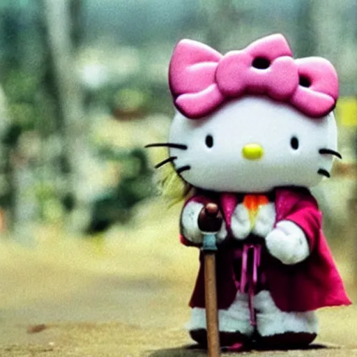 Prompt: gandalf dressed like Hello Kitty, movie still from the lord of the rings