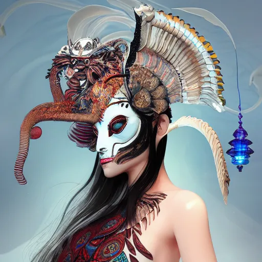 Prompt: 3 d goddess close - up profile portrait russian with ram skull. beautiful intricately detailed japanese crow kitsune mask and clasical japanese kimono. betta fish, jellyfish phoenix, bio luminescent, plasma, ice, water, wind, creature, artwork by tooth wu and wlop and beeple and greg rutkowski