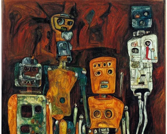 Image similar to a painting of a robot family by graham sutherland, egon schiele, expressionism