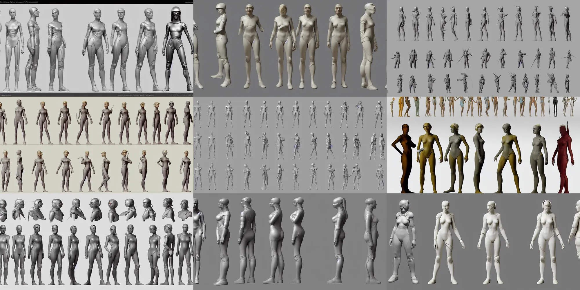 Prompt: character turnaround sheets for 3 d modelling, female cyberpunk astronaut, by thomas blackshear and hieronymus bosch, by bouguereau and piero della francesca and sandro botticelli, full figure, whole body