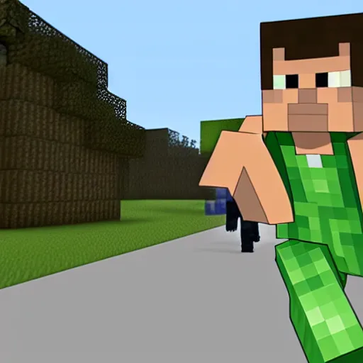 Image similar to minecraft steve running away from a creeper screaming