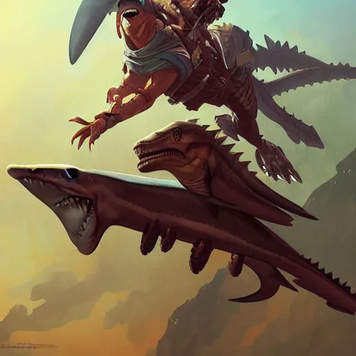 Image similar to a raptor holding a rocket launcher riding a shark, highly detailed, digital painting, artstation, concept art, smooth, sharp focus, illustration, art by artgerm and greg rutkowski and alphonse mucha