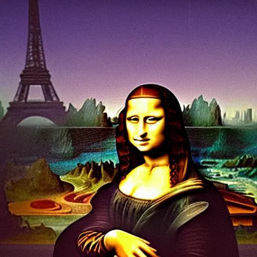 Image similar to mona lisa visiting the eiffel tower at night