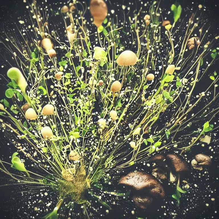 Image similar to double exposure of dally life, symbols of live, explosion, different sprouts and microgreens on mushrooms, cyber mushroom city, mushroom matrix, love is the most relevant theme, 8 k resolution, artistic mode, artistic, trending on instagram, long exposure, love art, serious, fantasy and dreams vibes, mushrooms style and macro style, spring vibes in twilight or sunset lights