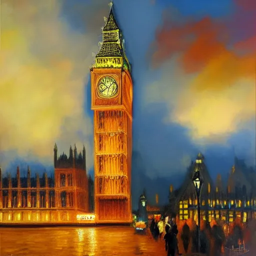 Prompt: detailed, soft, dynamic painting of the Big Ben on fire, professional painting, at dusk