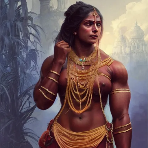 Image similar to full body painting of a muscular south indian woman, sari, ultra realistic, concept art, intricate details, eerie, horror, highly detailed, photorealistic, octane render, 8 k, unreal engine. art by artgerm and greg rutkowski and alphonse mucha