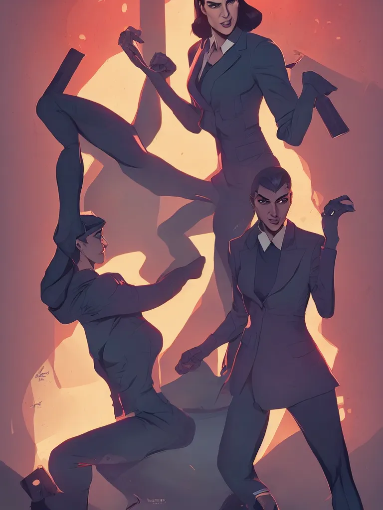 Prompt: Kim Wexler series with a chiseled Jawline and serious Look in his Suit, in the Style of Artgerm and Ross Draws and Mike Mignola and Atey Ghailan, rimlight, vibrant colors, hard shadows, Comic Cover Art, trending on artstation