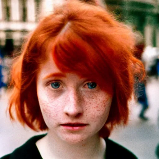 Prompt: a young red haired woman with freckles looks deeply into the camera, 1920's london street, velvia 100, 50mm, f4.0