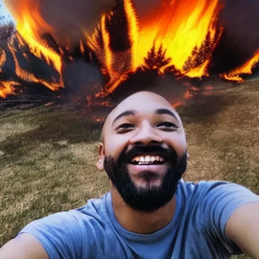 Image similar to a selfie of a guy smiling while fire consumes everything around him