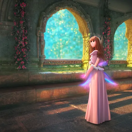 Image similar to a very detailed, ultra-realistic, pleasant, beautiful, funny, smooth 3D CG render, semirealistic anime style, close-up of a gorgeous, cute, gentle, noble priestess magician princess girl wearing dress and jewelry, in a glorious magic kingdom with castle and walls, relaxing calm vibes, fairytale, octane render