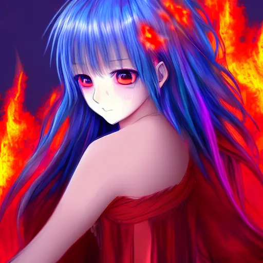 Prompt: advanced digital anime art, a very cute gorgeous teenage girl made of fire and ice with red fiery watery eyes glancing over her left shoulder wearing a dress made of water is standing in an apocalyptic burning city, full body, full round face, dramatic cinematic lighting, highly intricately detailed, trending on pixiv, Artstation, painted by Rossdraws and the style of Sakimimichan