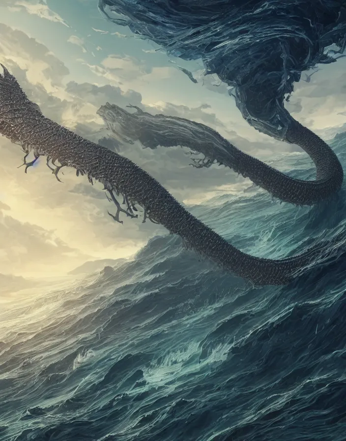 Image similar to long dragon wrapped around a land formation overseeing a vast ocean, intricate abstract. delicate artwork. by Tooth Wu, wlop, beeple, dan mumford. octane render, trending on artstation, greg rutkowski very coherent symmetrical artwork. cinematic, hyper realism, high detail, octane render, 8k, depth of field, bokeh. chrome accents.