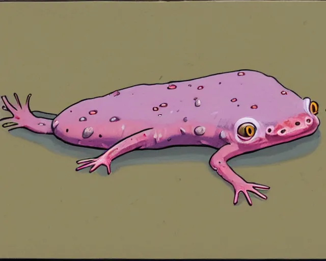 Image similar to a guy billout painting of an axolotl