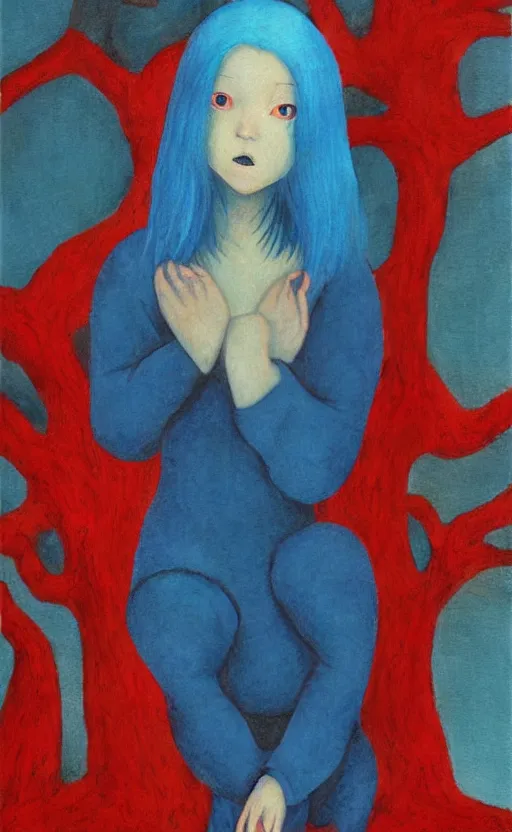 Image similar to girl with blue hair as a shaun tan painting the red tree illustration detailed painting