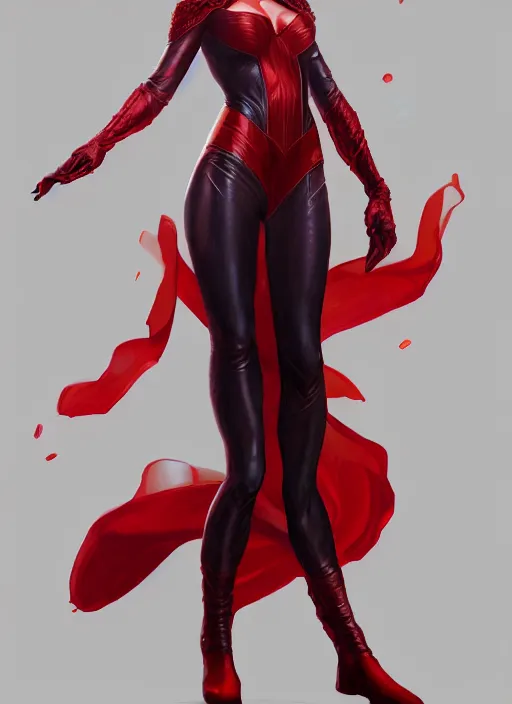 Prompt: Scarlet Witch, full body portrait, hyper detailed, digital art, trending in artstation, cinematic lighting, studio quality, smooth render, unreal engine 5 rendered, octane rendered, art style by klimt and nixeu and ian sprigger and wlop and krenz cushart