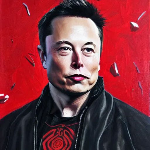 Image similar to Elon Musk wearing an elegant red hanfu with tesla designs, oil on canvas, highly detailed portrait, professional concept art, expressive