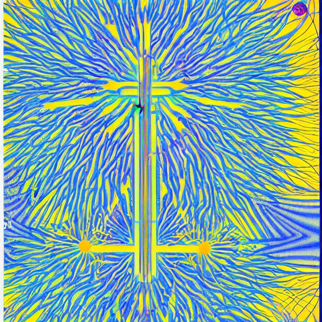 Prompt: sacred geometry tree of life in a minimalist collage of geometric shapes, tetrachromacy, primary colors, in the style of ikko tanaka, japanese graphic design, 1 9 8 0, by ernst haeckel