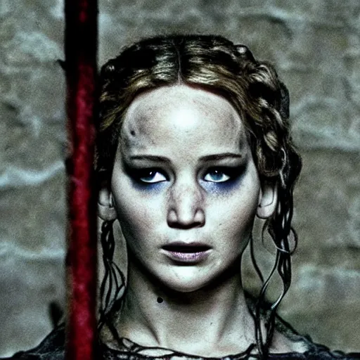 Image similar to jennifer lawrence as frankenstein's monster, color photography, sharp detail, still from the movie mary shelley's frankenstein