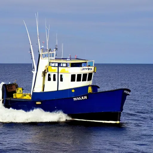 Prompt: uk registered fishing trawler, at sea, north sea, fishing