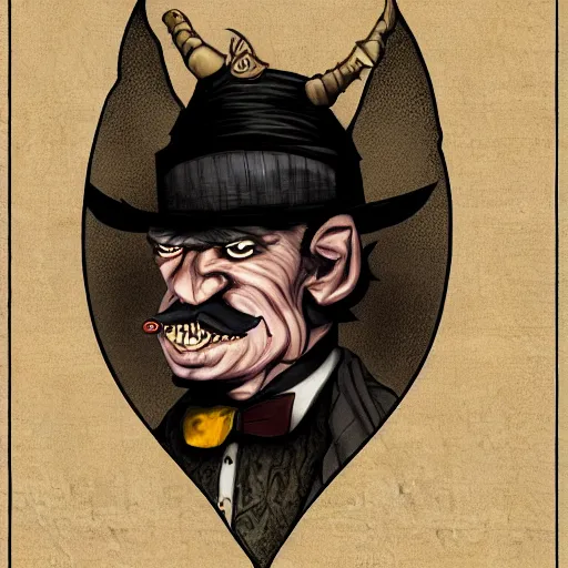 Image similar to a cartoonishly evil goblin, supervillain, top hat and luxurious moustache, portrait, d & d character portrait, victorian clothing, digital art, 8 k,