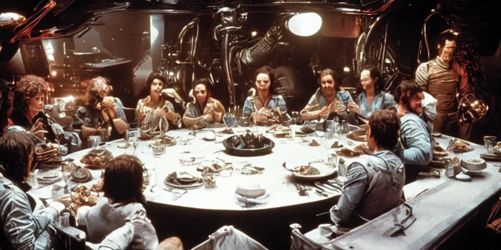 Image similar to a dinner scene with Ripley and 6 other people in a round table within the Nostromo by Ridley Scott, Alien movie, grainy, bluish and cream tones