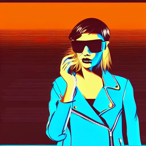 Image similar to a woman with light blue shutter shades in front of a sunset, a dark brown leather jacket, one side brown haircut with blue tips on the end, vector art by jan tengnagel, pixabay contest winner, retrofuturism, retrowave, synthwave, outrun, portrait, synthwave