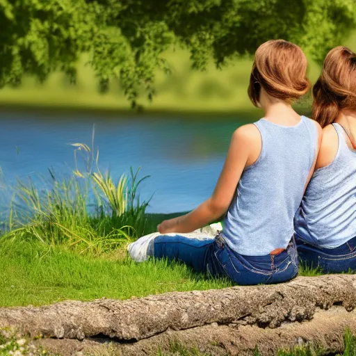 Image similar to Two sisters sitting on the bank, relaxing on a sunny day photograph, hyper-realistic, clear day, 8k resolution, maximum detail