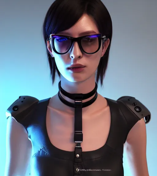 Image similar to detailed realistic female character cyberpunk wearing thick technological collar around neck, realistic, art, beautiful, 4K, collar, choker, collar around neck, punk, artstation, detailed, female, woman, choker, cyberpunk, neon, punk, collar, choker, collar around neck, thick collar, tight around neck, punk,