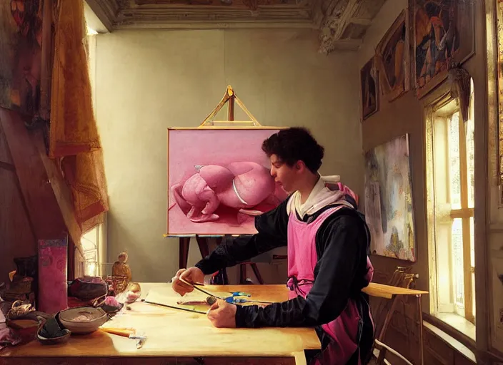 Image similar to a young painter in his studio painting a picture of a pink pokemon, by edgar maxence and caravaggio and michael whelan and delacroix style, artistic, intricate drawing, cinematic lighting, hyper realistic, extremely detailed, establishing shot, 8 k resolution, dramatic lighting