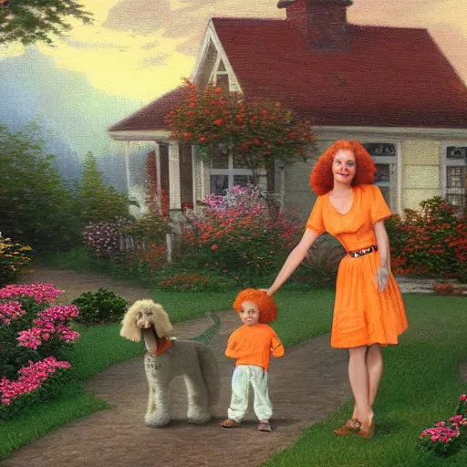 Prompt: painting of a orange hair mom, hipster dad, curly headed baby and brown poodle in front of a white single story 1 9 5 0's farm house, in the style of thomas kinkade