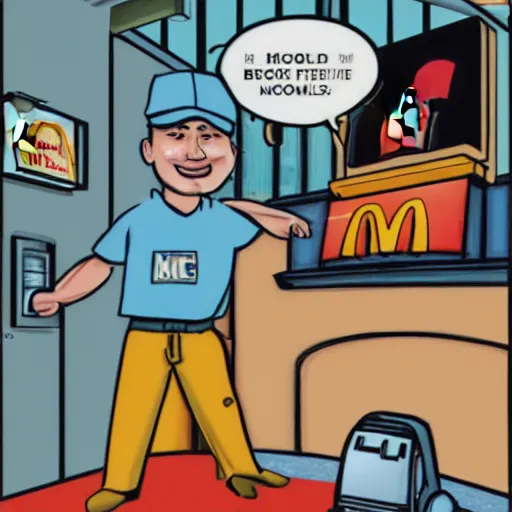 Image similar to Tim Dillon working at McDonalds because he lost all of his money leverage trading bitcoin, mike judge art style, 90s mtv illustration