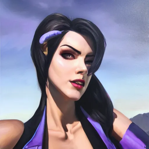Image similar to oil painting of widowmaker from overwatch in the desert, black and purple jacket, beautiful face, detailed eyes, very detailed face, feminine face, full body