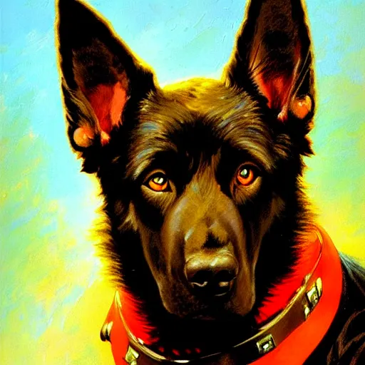 Image similar to a portrait of a black german shepard dogman canine star trek captain red shirt. highly detailed painting by gaston bussiere, craig mullins, j. c. leyendecker, furry