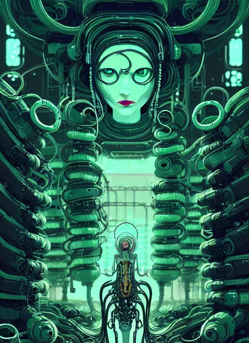 Prompt: highly detailed portrait of a biopunk long curly white hair tribal lady, stray wiring by atey ghailan, james gilleard, by joe fenton, by greg rutkowski, by greg tocchini, by kaethe butcher, 4 k resolution, gradient green, black and white color scheme!!! ( ( green slime robotic dystopian city background ) )