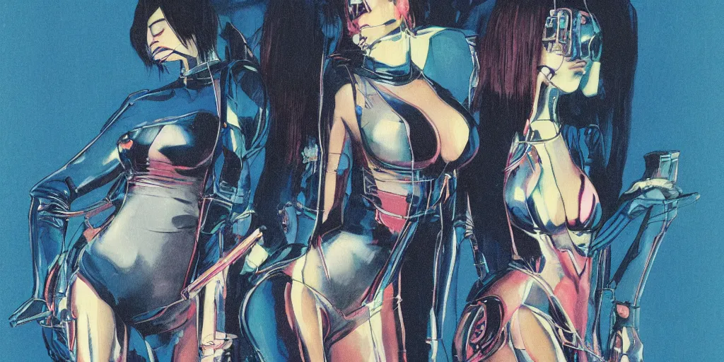 Image similar to a close - up grainy risograph painting of cyberpunk japanese model girl with black eyes and pretty face wearing latex catsuit and lots of transparent and cellophane accessories, blue hour, twilight, by moebius and lehr paul