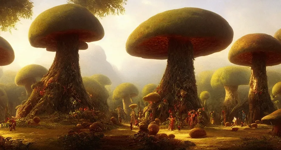 Image similar to A tribal village in a forest of giant mushrooms, by Ivan Aïvazovski,