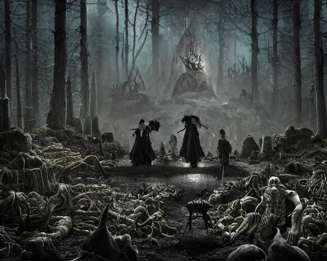 Image similar to the scariest witches surrounded by horror creatures in the scariest dark forest, epic scene, dark, scary, horror, frightening, fantasy, cinematic, redshift render, cgi, hyper - detailed, photo - bash, 8 k post - production, masterpiece