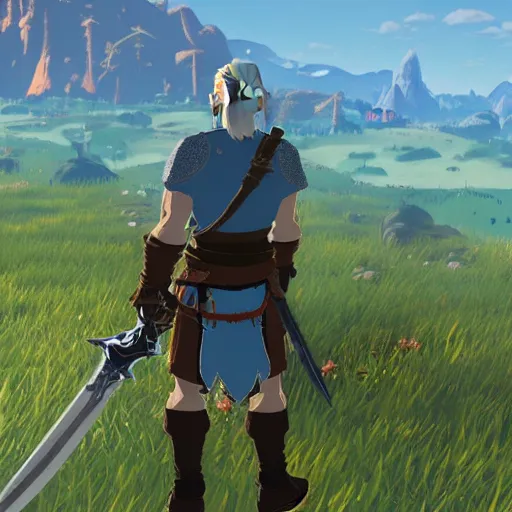 Prompt: Geralt of Rivia in The Legend of Zelda Breath of the Wild