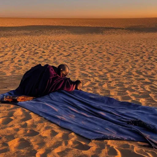 Prompt: a photo of Ghandi sleeping rough in the Sahara during eclipse sunrise, perfect lighting