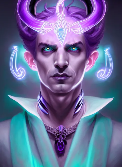 Image similar to symmetry!! portrait of a feminine mischievous trickster male purple and teal skinned tiefling with demon horns and piercings bard, glowing lights!! intricate, elegant, highly detailed, digital painting, artstation, concept art, smooth, sharp focus, illustration, art by artgerm and greg rutkowski and alphonse mucha