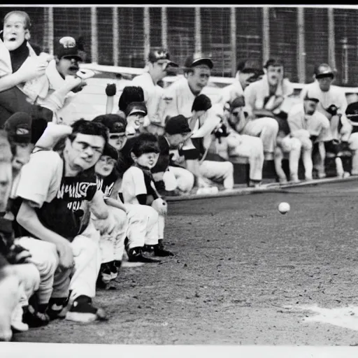 Image similar to 70mm photo of a youth baseball team trying to eat the bleachers, but the coaches are pulling them away