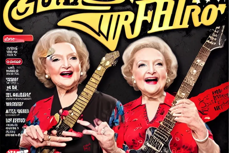 Prompt: betty white on the cover of guitar hero