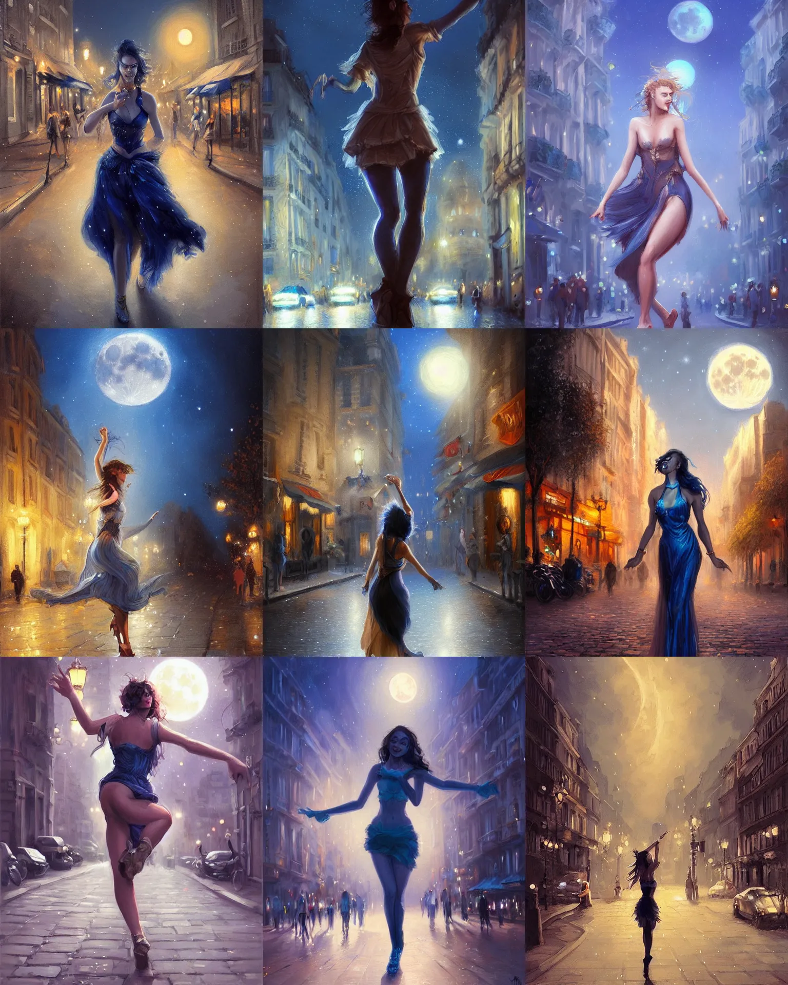Prompt: portrait of a person passionately dancing in a street in paris at night, blue moonlight, giant moon, by Artgem and Mandy Jurgens, fantasy, intricate, elegant, digital painting, concept art, romantic, trending on artstation