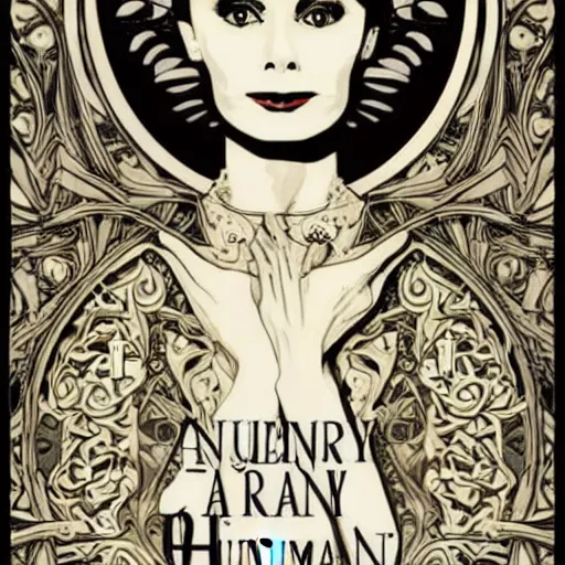 Prompt: powerful female necromancer, audrey hepburn, art nouveau, highly detailed