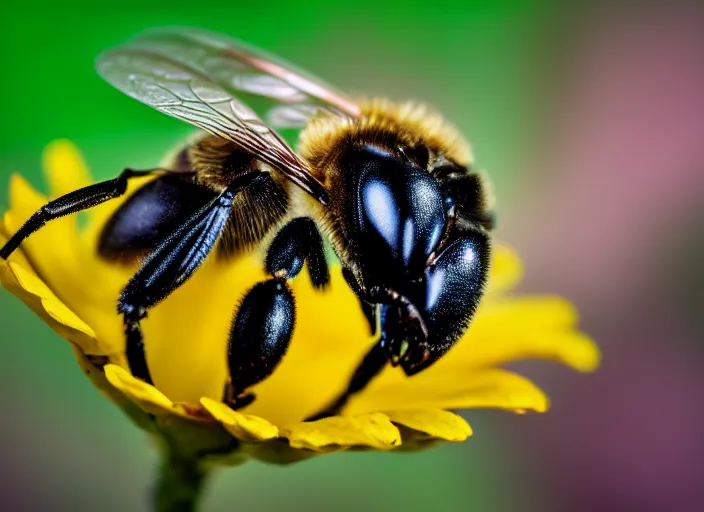 Image similar to super macro of a ronot bee drinking from a flower in the forest. fantasy horror cyberpunk style. highly detailed 8 k. intricate. nikon d 8 5 0 3 0 0 mm. award winning photography.