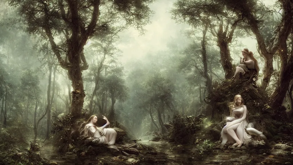 Image similar to elven princess sitting with the monkey god in the melancholy forest. andreas achenbach, artgerm, mikko lagerstedt, zack snyder, tokujin yoshioka