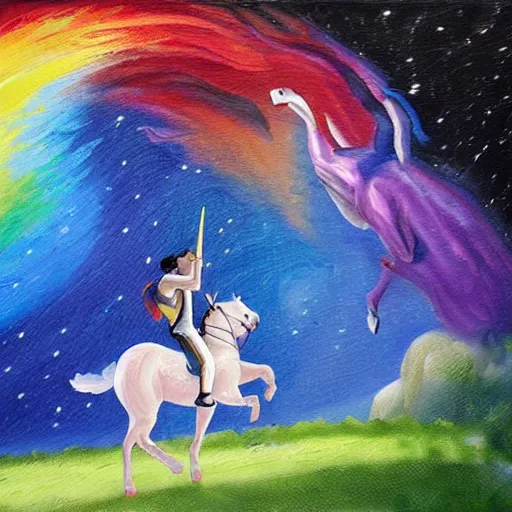 Image similar to wesley crusher riding a unicorn into battle oil painting