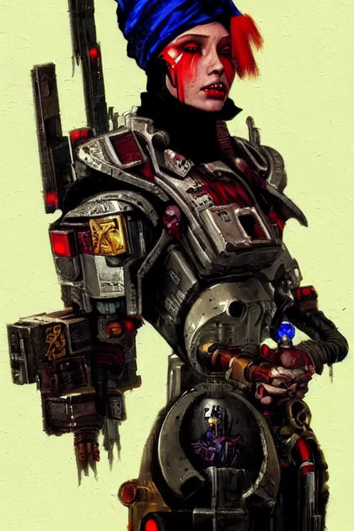 Image similar to full character portrait max mad cyberpunk warhammer 4 0 k, medic sapper not the girl with the pearl earring character design, jeffery catherine jones