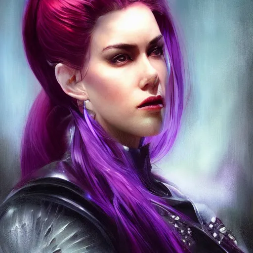 Image similar to beautiful close up portrait vampire purple ponytail, crystal armor, elegant, detailed. epic cinematic hyperrealism masterpiece. realistic poster with shaded lighting by craig mallismo, artgerm, jeremy lipkin and michael garmash, unreal engine, radiant light, detailed and complex environment, digital art, art station trends, detailed faces, detailed eyes