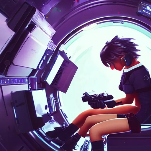 Image similar to really beautiful emo girl playing videogames in a space station in space, hyperdetailed